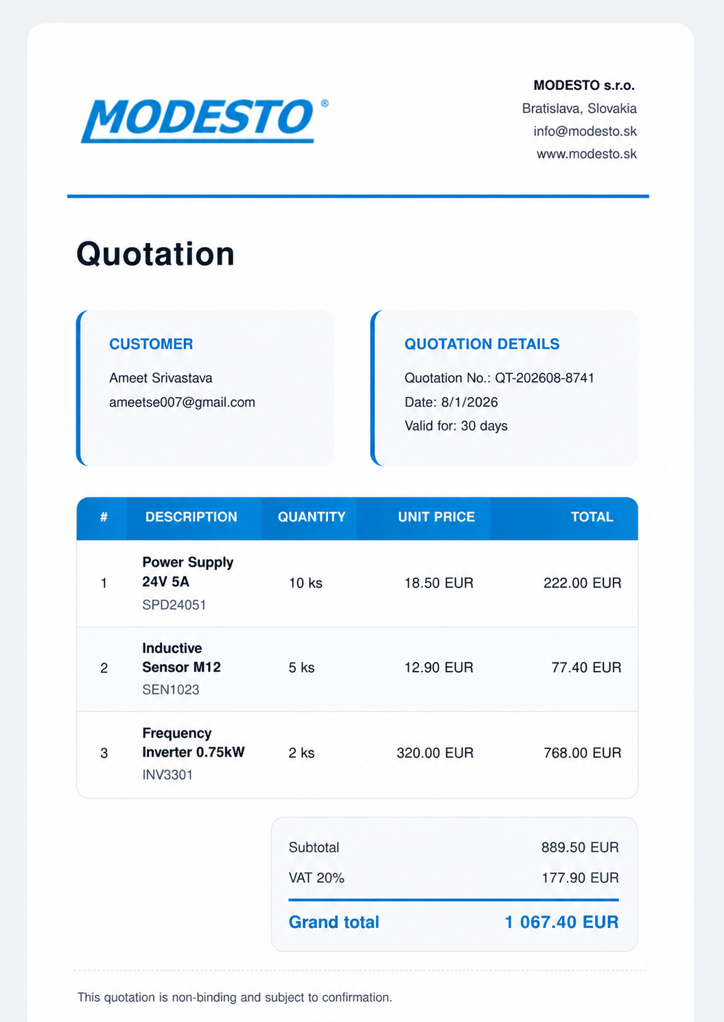 Sample OffernitX quotation