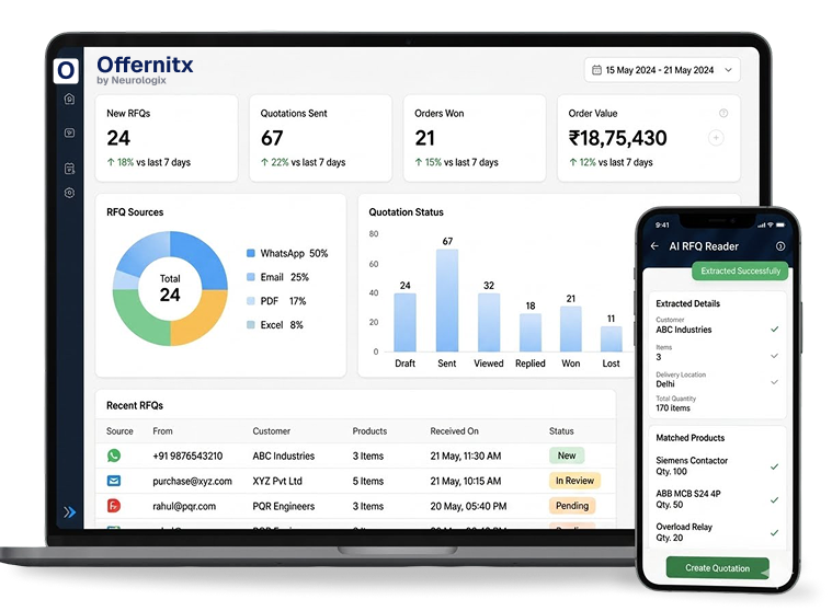 OffernitX dashboard on laptop and AI RFQ Reader on mobile